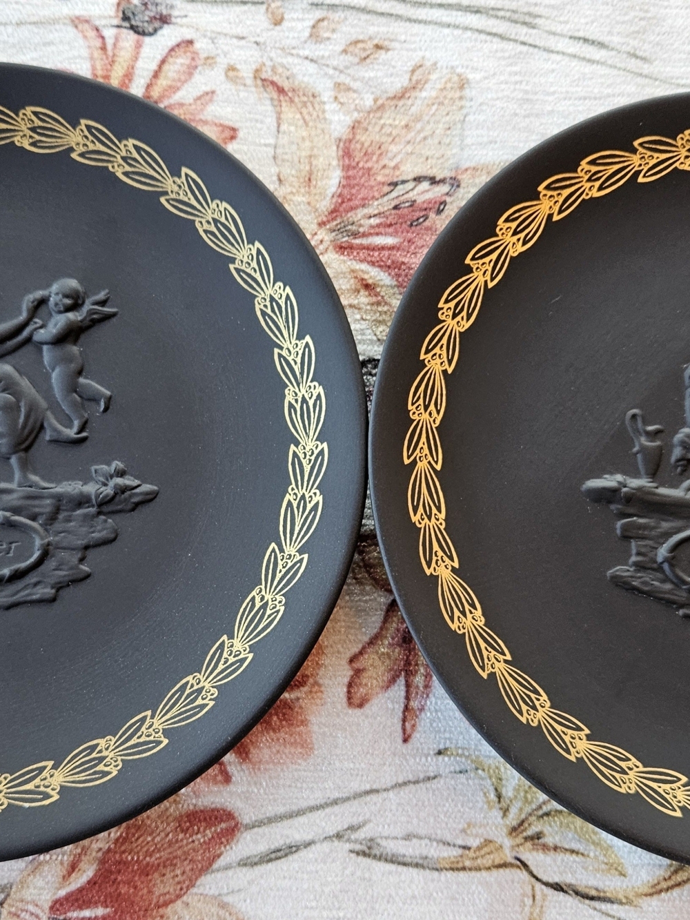 Set of 2 Vintage Wedgwood Black Gold Basalt Mother's Plates Made in England